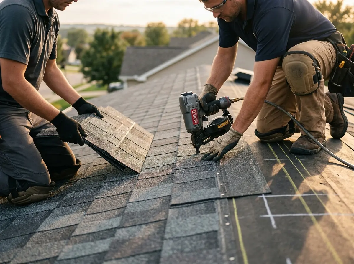 Professional roofer working on a residential roof in Altoona